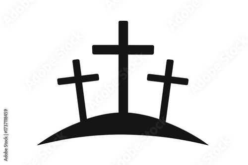 Three crosses on Calvary hill silhouette. Christian symbol of the crucifixion of Jesus Christ. Good Friday and Easter religious concept. Faith, sacrifice, and salvation vector icon.