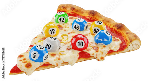 A slice of pizza with colorful bingo balls on top against a greenscreen background.