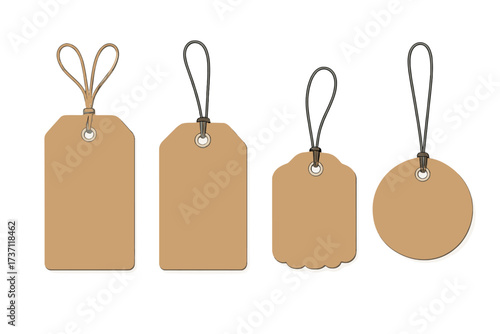 Set of realistic kraft paper price tags. Vector collection of blank cardboard labels. Empty gift tag with string. Different shapes for sale, shop, discount. Product badge mockup.