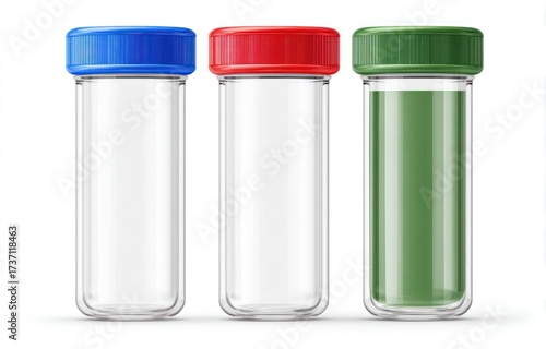 Three clear, cylindrical vials with colored caps; one filled with green liquid