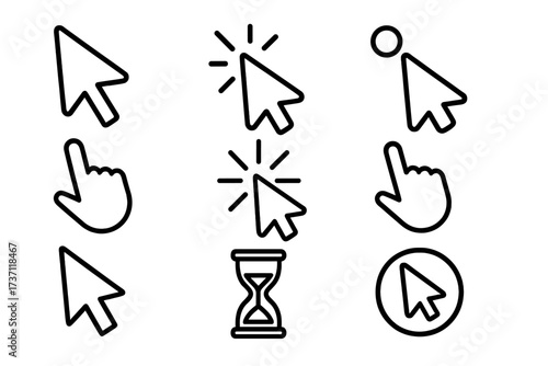 Cursor icon set. Mouse pointer collection with arrow, hand finger, and hourglass. Vector outline symbols for web design, UI, UX. Click, press, and loading pictograms.