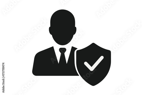 User protection icon with businessman and shield. Concept of security, insurance, and trust. Verified person symbol. Safe account vector for web, app, UI design, logo.