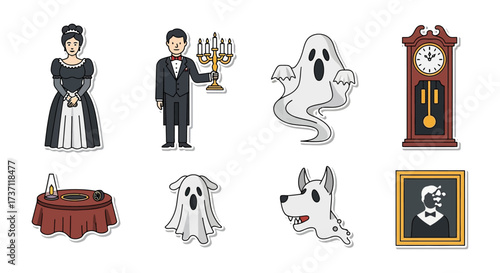 Spooky haunted mansion illustration with ghosts maid butler and antique furniture perfect for Halloween themed designs and scary story backgrounds