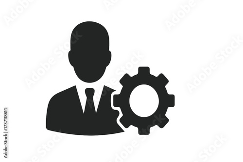 User management icon with gear. Business person symbol for account settings, admin profile, system configuration. Technical support, developer, maintenance service vector for web.