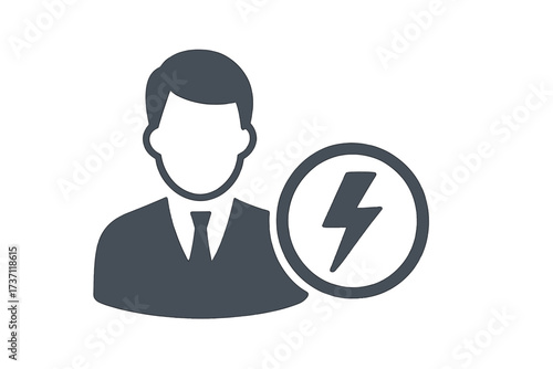 Power user icon, active user symbol. Businessman with energy, charge sign. Superuser, expert concept. Employee, manager avatar. Lightning bolt, flash. Vector for web, app, UI.