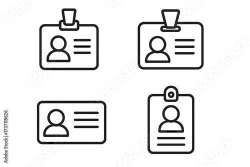 ID card line icon set. Collection of identification badges, name tags, and security passes. Vector illustration for concepts like employee access, press credentials, personal data.