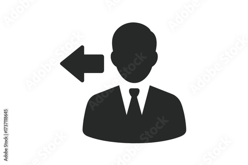 Previous user icon. Go back symbol. Business person with left arrow. Concept of return, leave, exit, logout, fired employee. Web sign for UI UX design. Vector illustration.