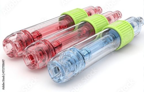 Three transparent, syringe-like devices filled with red and blue liquid, angled on a white surface