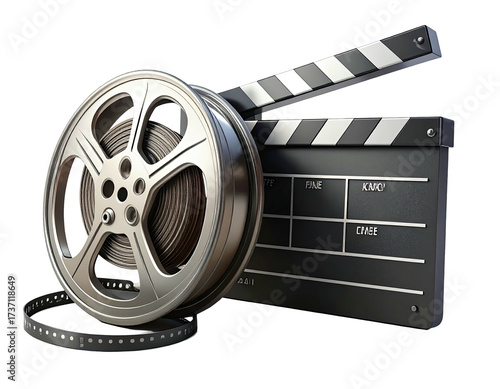 Movie reel and clapperboard. 3D rendering of classic film elements