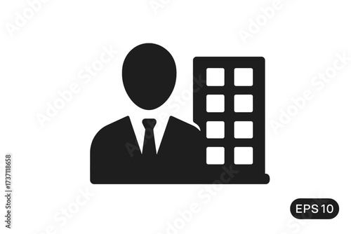 Businessman standing next to company building icon. Corporate office symbol. Real estate agent, manager, employee pictogram. Flat glyph for web design, logo, app, UI vector.