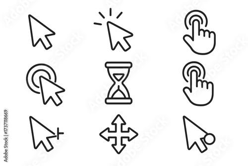 Cursor and Pointer Icons Collection, Editable Stroke Vector Set for Infographics, Articles, Books, Flyers, Banners, User Interface, Click and Loading Symbols, Digital Navigation Tools