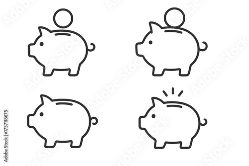 Piggy bank line icon set. Editable stroke vector. Financial savings, money, and investment concept. Piggybank with coin symbol. Finance, budget, banking and economy sign.