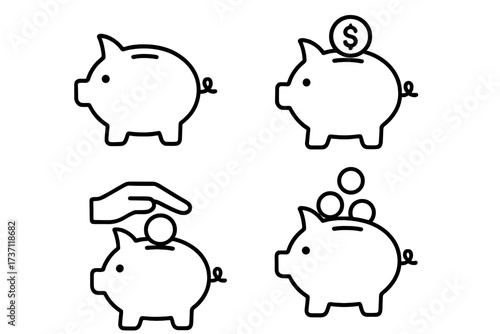 Piggy bank outline icon set. Money saving and investment concept. Finance, budget, and banking symbols. Hand putting a dollar coin in a pig. Editable stroke vector illustration.