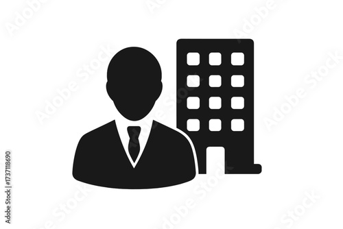 Businessman with company building icon. Vector of corporate professional, employee, manager. Symbol for business, office, agency, real estate. Entrepreneurship concept.