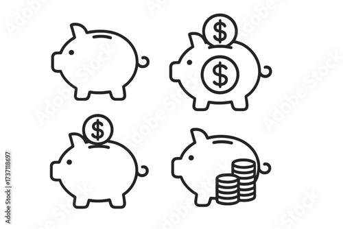 Piggy bank outline icon collection. Money saving, finance and investment concept. Piggybank with dollar coin symbol. Budget, economy, banking pictogram. Editable stroke vector set.