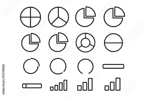 Diagrams pie charts progress bars outline collection, editable stroke vector set for infographics, articles, books, flyers, banners, business data visualization elements