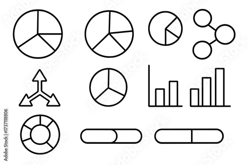 Collection of Outline Diagram Icons with Pie Charts, Progress Bars, Arrows, and Bar Graphs for Infographics, Articles, Books, Flyers, Banners, Editable Stroke Vector Illustration