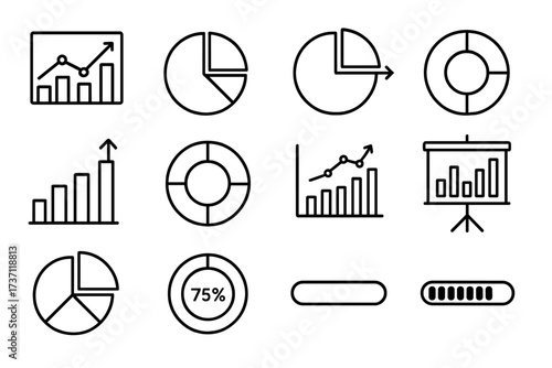 Vector Diagram Icons Set with Pie Charts, Progress Bars, Line Graphs, Editable Stroke for Infographics, Data Visualization, Business Reports, Flyers, Banners, Articles