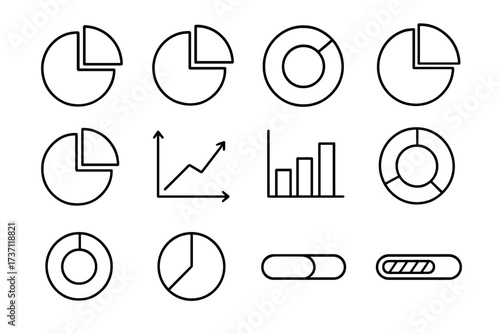 Diagrams pie charts progress bars outline collection. Editable stroke vector icons. Perfect for infographics, articles, books, flyers, banners, data visualization, charts design