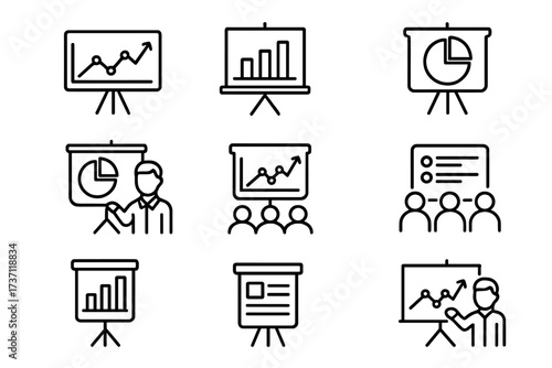 Presentation board line icon set. Business data analytics and visualization. Speaker at seminar, conference, meeting. Chart, graph, diagram infographics. Editable stroke vector.