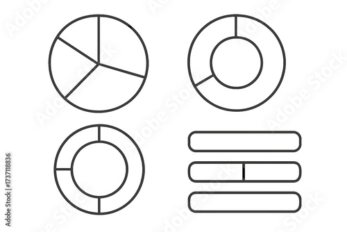 Set of editable outline pie charts and progress bars vector collection, simple stroke infographics elements for articles, books, flyers, banners, charts design, statistics