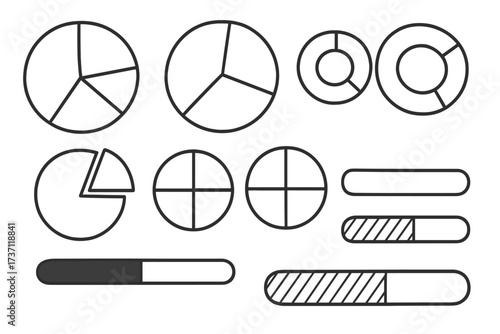 Editable outline diagrams and pie charts collection with progress bars in vector style, perfect for infographics, articles, books, flyers, and banners, simple stroke design