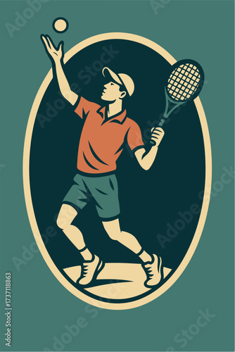 Tennis Player Serving In Oval Dynamic Sports Character Illustration