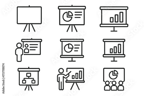 Business presentation line icon set. Editable stroke vector icons for seminar, training, and reports. Includes charts, graphs, diagrams, speaker, and audience for infographics.