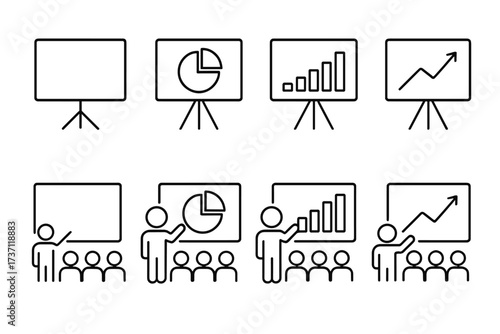 Presentation line icon set. Business meeting, conference, seminar, training. Speaker with audience. Data report with charts, graphs. Financial growth, analysis vector.
