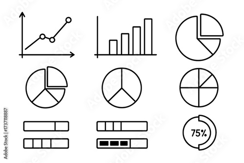 Editable stroke diagram collection with pie charts, progress bars, line and bar graphs, vector infographic elements for articles, books, flyers, banners, data visualization