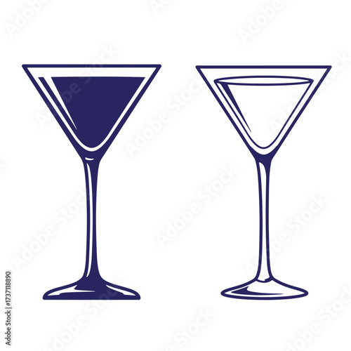 Vector illustration of two martini glasses one filled and one empty on white background