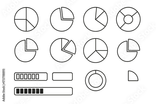 Editable stroke diagrams and pie charts collection with progress bars, infographic elements, vector cartoon illustration, perfect for articles, books, flyers, banners design