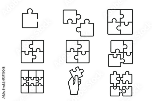 Puzzle outline icons collection, editable stroke vector set for infographics, articles, books, flyers, banners, cartoons, education, teamwork, problem solving, connection concept