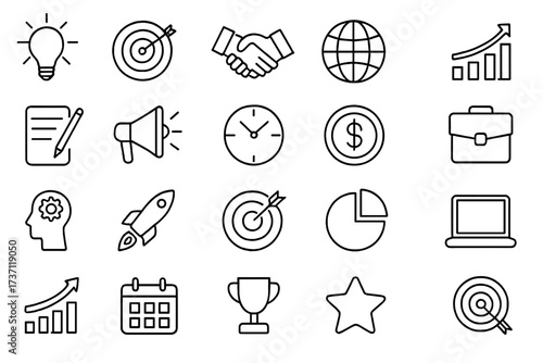 Editable line icon collection for business and marketing concepts, vector cartoon style with transparent background, perfect for infographics, presentations, articles, flyers, and banners, ordered set