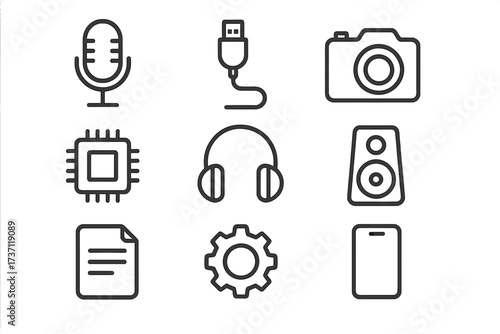 Microphone USB cable camera chip icons set. Editable stroke outline technology vector collection for infographics, articles, books, flyers, banners, digital media design