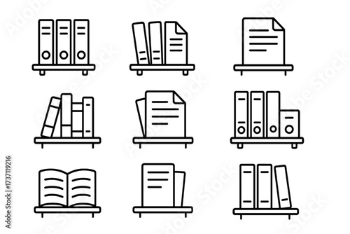 Shelved documents outline icons collection, editable stroke vector set for infographics, articles, books, flyers, banners, office files, paper stacks, folders, booklets illustration