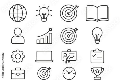 Outline business and education icon collection with editable stroke, perfect for infographics, articles, books, flyers, banners, presentations, target, growth, and success concept