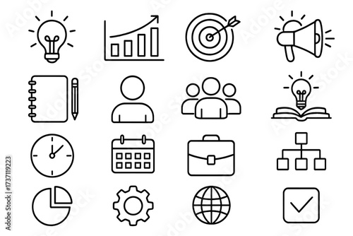 Outline business and office icons collection, editable stroke vector set for infographics, articles, books, flyers, banners, marketing, teamwork, strategy, planning, and success concept