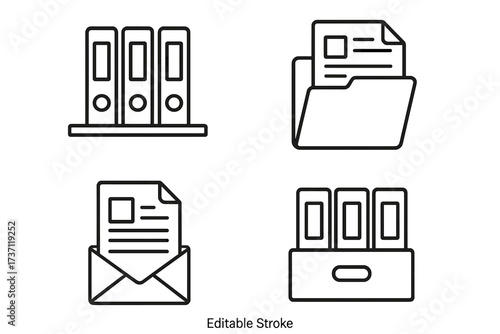 Shelved documents and office paperwork collection, editable stroke vector icons with folders, files, envelopes for infographics, articles, books, flyers, banners design