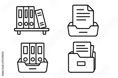 Shelved documents and office files collection with editable stroke, vector cartoon icons for infographics, articles, books, flyers, banners, workspace organization, office supplies