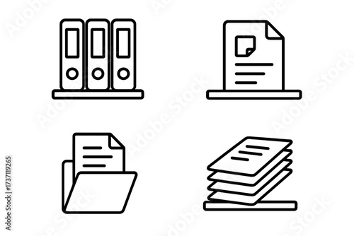 Shelved documents collection set with folders, files, papers, editable stroke vector illustration for office organization, infographics, articles, books, flyers, banners design