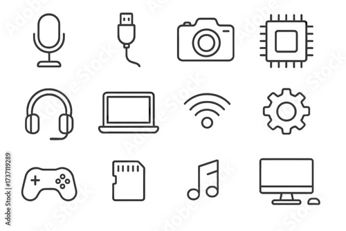 Outline technology icon set collection with editable stroke, ideal for infographics, articles, books, flyers, banners, digital devices, multimedia, communication, and computer equipment illustrations