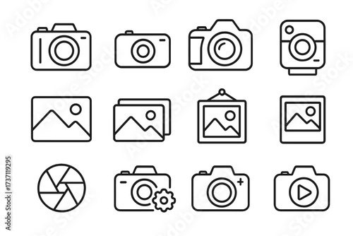 Photo camera and image line icon collection with editable stroke for infographics, articles, books, flyers, banners, vector cartoon illustration, photography and media design