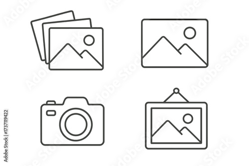 Picture collection icons set, editable stroke vector illustration for infographics, articles, books, flyers, banners, transparent background, cartoon camera and framed photos