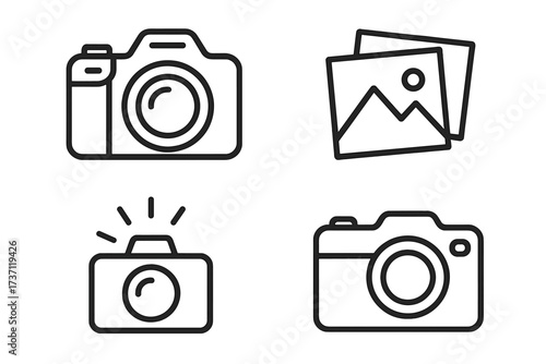 Photo camera and image line icon collection, editable stroke vector set with camera and picture symbols, perfect for infographics, articles, books, banners design