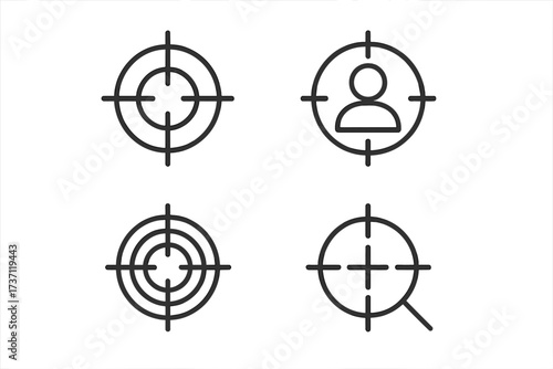 Sniper target and aim icon set, outline sniper crosshair symbols, user focus and magnifying target signs for infographics, banners, flyers, articles, editable stroke vector