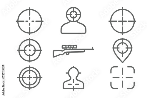 Sniper target and aim symbol collection with outline icons, rifle and crosshair marks, sniper scope reticle vector set for infographics, articles, books, flyers, banners, and designs