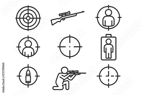 Sniper target and aim simple icon collection with rifle, bullet, shooter silhouette, scope reticle, and human figure in crosshairs, vector editable stroke perfect for infographics and design