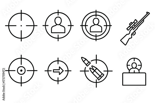 Sniper target aim icon set with crosshair marks, human silhouettes, arrows, bullets and sniper rifle outline, editable stroke vector collection for infographics and tactical designs