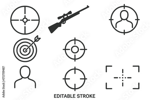 Sniper target and aiming icon set, precise crosshair symbols with rifle silhouette, user and bullseye target markers, editable stroke vector collection for infographics, articles, banners, and flyers